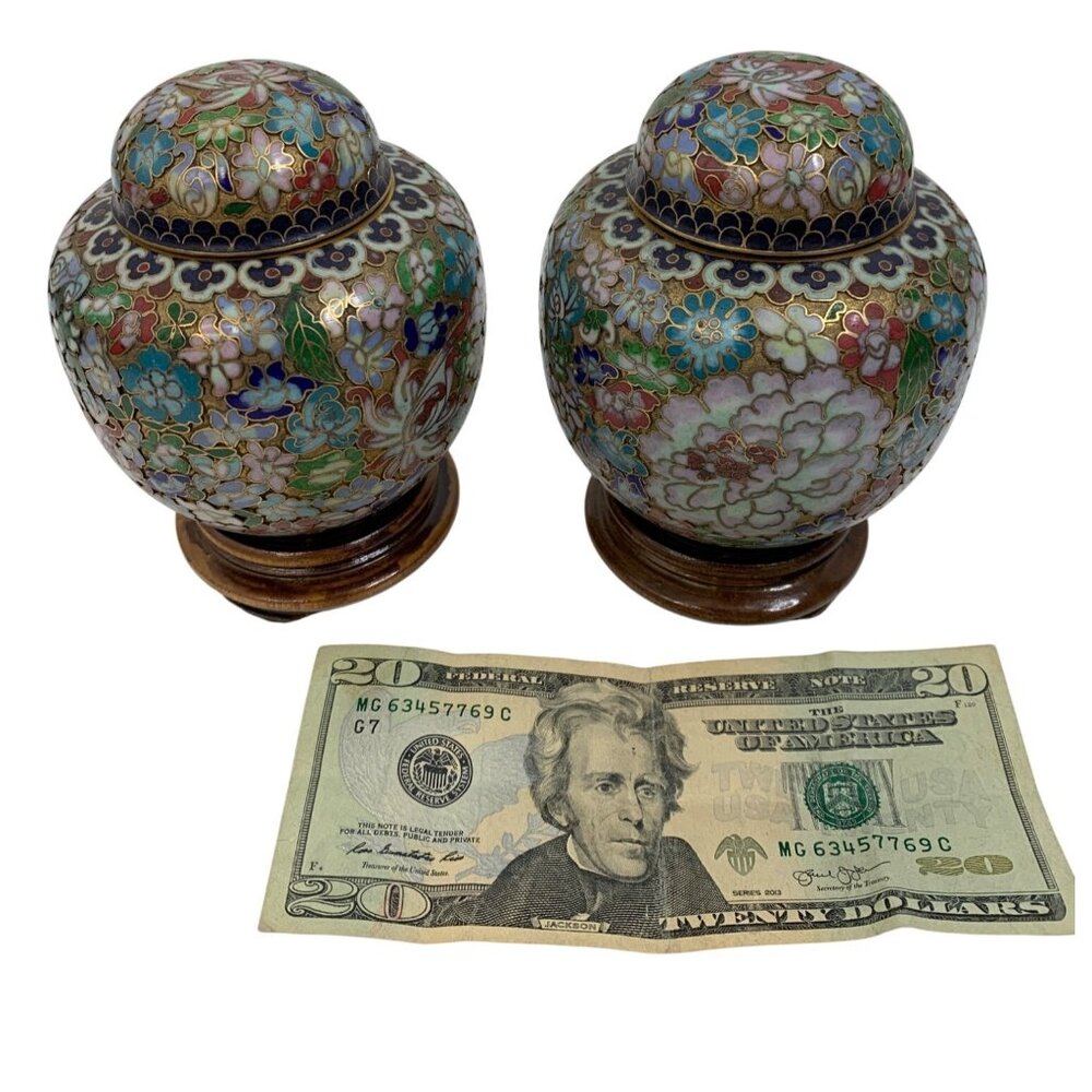 VTG Set of Two Zi Jin Cheng Cloisonné Ginger Jars Lids & Bases Handmade 8168